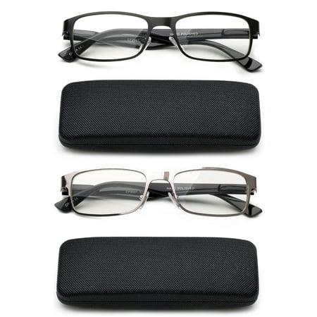 Newbee Fashion-2 Pack Readers Metal Deluxe High Quality Reading Glasses Rectangular Frame Spring Hinge in Hard Case