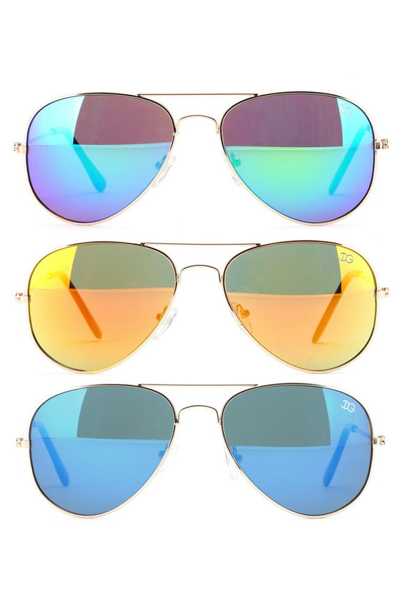 - 3 Pack Classic Aviator Sunglasses Flash Full Mirror lenses Metal Frame for Men Women UV Protection