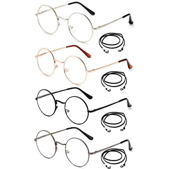 Newbee Fashion 4 Packs Round Reading Glasses Metal Frame Slim Rim with Spring Hinge Metal Circle Frame Vintage Reading Glasses for Men Women with Lanyards 1.50