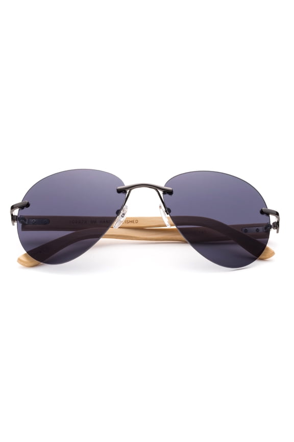 Newbee Fashion - Bamboo Arm Oversized Rimless Aviator Sunglasses with Flash Lens Bamboo Sunglasses for Men & Women