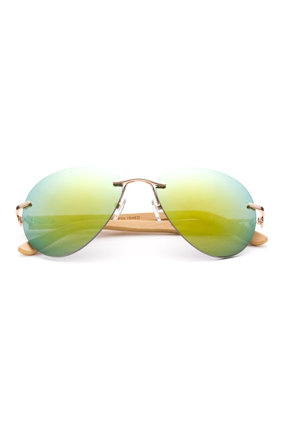 Newbee Fashion - Bamboo Arm Oversized Rimless Aviator Sunglasses with Flash Lens Bamboo Sunglasses for Men & Women