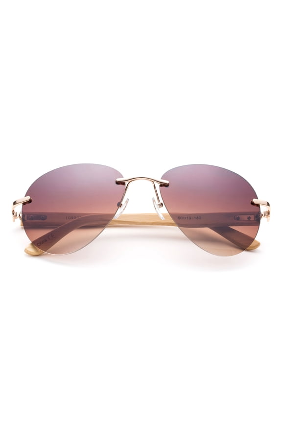 Newbee Fashion - Bamboo Arm Oversized Rimless Aviator Sunglasses with Flash Lens Bamboo Sunglasses for Men & Women