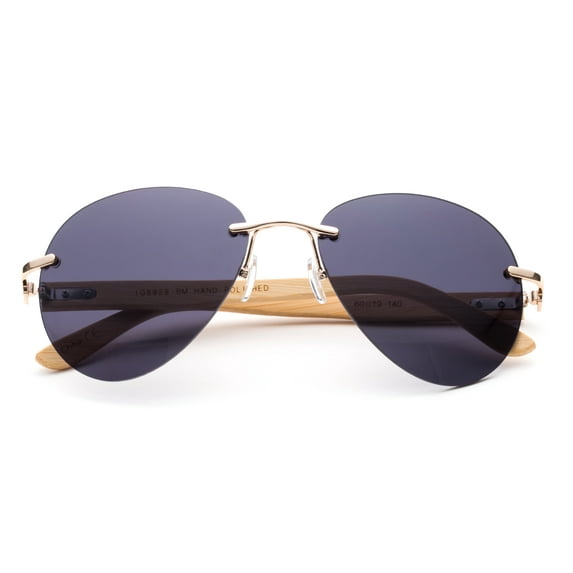 Newbee Fashion - Bamboo Arm Oversized Rimless Aviator Sunglasses with Flash Lens Bamboo Sunglasses for Men & Women