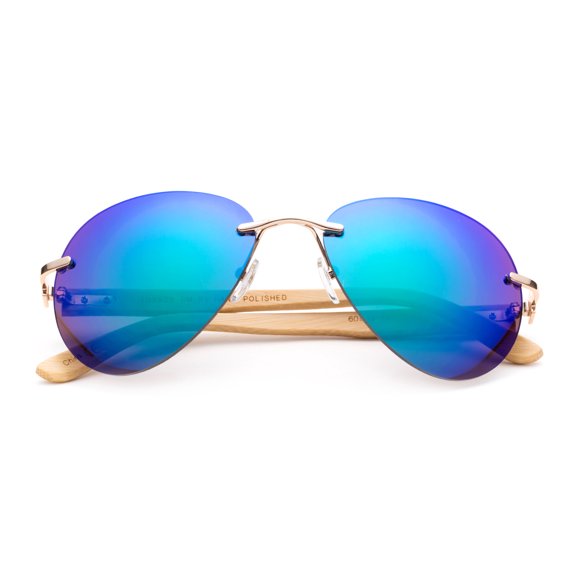Newbee Fashion - Bamboo Arm Oversized Rimless Aviator Sunglasses with Flash Lens Bamboo Sunglasses for Men & Women