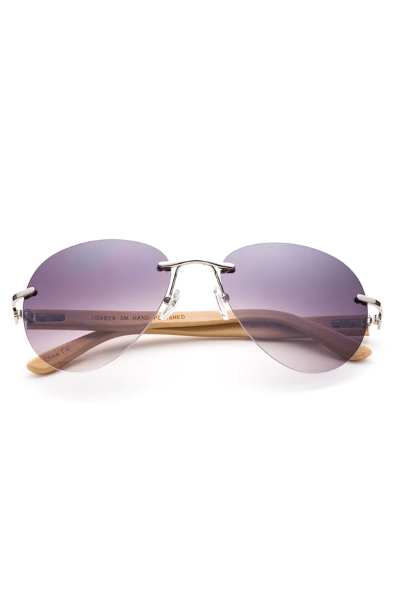 Newbee Fashion - Bamboo Arm Oversized Rimless Aviator Sunglasses with Flash Lens Bamboo Sunglasses for Men & Women