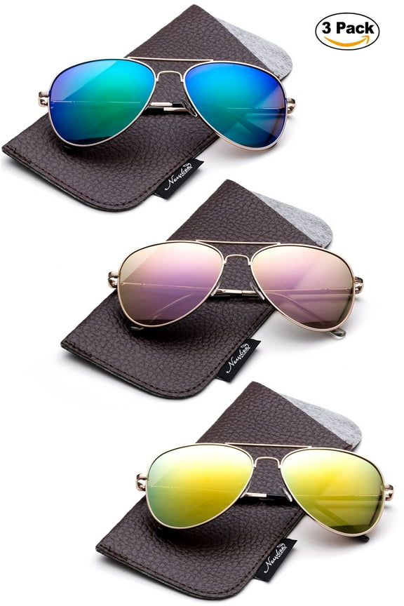 -Comfortble High Quality Durable Fashion Metal Aviator Sunglasses for Girls & Boys Polular Flash Mirror Lens UV Protection with Carrying Pouch (4-16 Years)