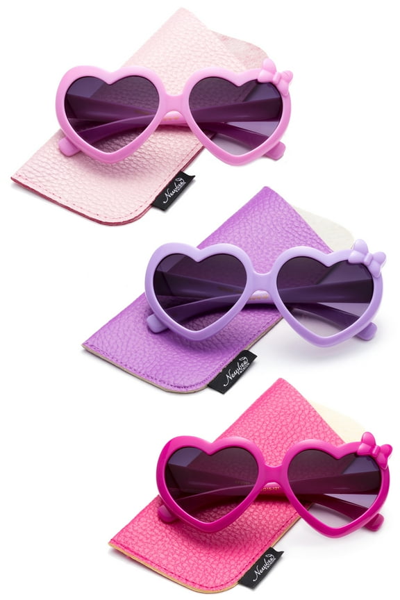 Newbee Fashion- Girls Heart Sunglasses with Bow Cute Heart Shaped Sunglasses for Girls Fashion Sunglasses UV Protection w/Carrying Pouch