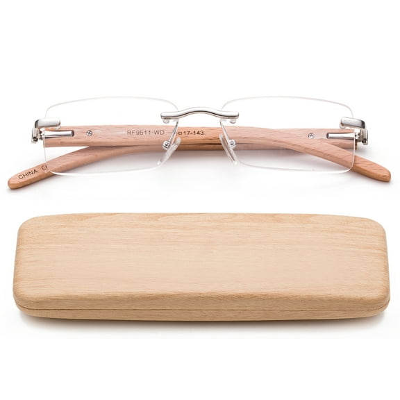 Newbee Fashion-High Quality Lightweight Real Wood Reading Glasses for Women & Men Stylish Rimless Design Rectanglur Shape Spring Hinge for Comfortble Fit with Case
