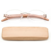 Newbee Fashion-High Quality Lightweight Real Wood Temple Reading Glasses Stylish Rimless Design Oval Shape Spring Hinge Comfortble Fit with Case Wood Reading Glasses for Women