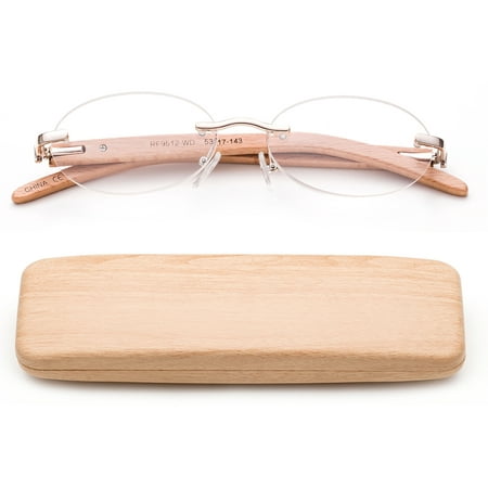 Newbee Fashion-High Quality Lightweight Real Wood Temple Reading Glasses Stylish Rimless Design Oval Shape Spring Hinge Comfortble Fit with Case Wood Reading Glasses for Women