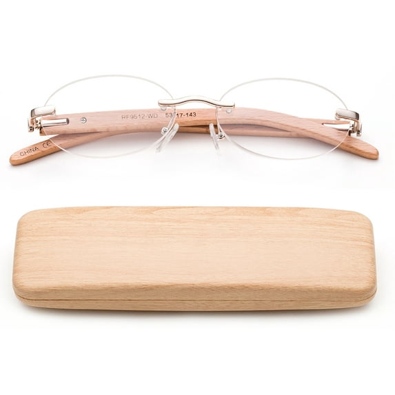 Newbee Fashion-High Quality Lightweight Real Wood Temple Reading Glasses Stylish Rimless Design Oval Shape Spring Hinge Comfortble Fit with Case Wood Reading Glasses for Women