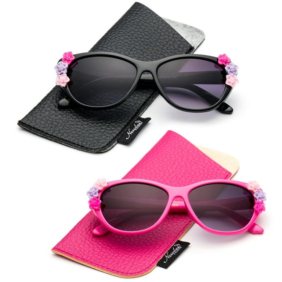 Newbee Fashion- Kids Girls Toddlers Fashion Sunglasses Cateye Cute Sunglasses with Flowers UV Protection w/Pouch (0-5 YRS)