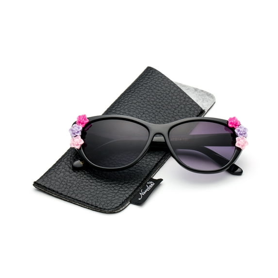 Newbee Fashion- Kids Girls Toddlers Fashion Sunglasses Cateye Cute Sunglasses with Flowers UV Protection w/Pouch (0-5 YRS)