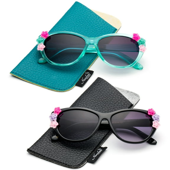 Newbee Fashion- Kids Girls Toddlers Fashion Sunglasses Cateye Cute Sunglasses with Flowers UV Protection w/Pouch (0-5 YRS)
