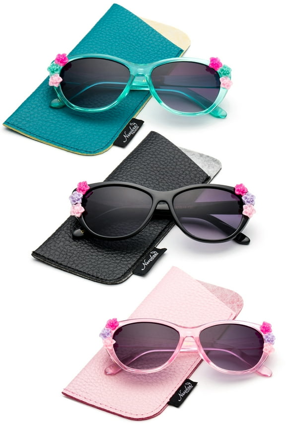 - Kids Girls Toddlers Fashion Sunglasses Cateye Cute Sunglasses with Flowers UV Protection w/Pouch (0-5 YRS)