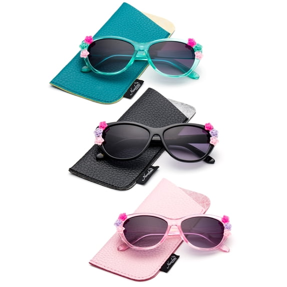 Newbee Fashion- Kids Girls Toddlers Fashion Sunglasses Cateye Cute Sunglasses with Flowers UV Protection w/Pouch (0-5 YRS)