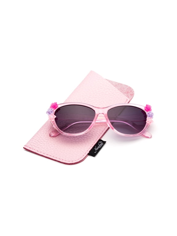 Newbee Fashion- Kids Girls Toddlers Fashion Sunglasses Cateye Cute Sunglasses with Flowers UV Protection w/Pouch (0-5 YRS)