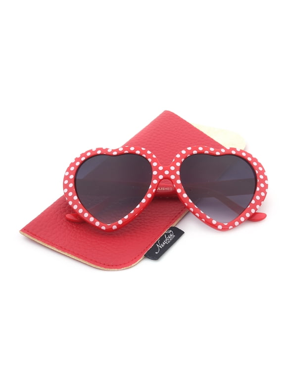 Newbee Fashion-Kids Heart Sunglasses Girls Heart Shaped Sunglasses Polka Dots Cute Vintage Look UV Protection w/Carrying Pouch
