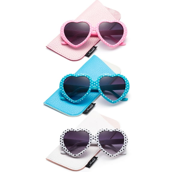 Newbee Fashion-Kids Heart Sunglasses Girls Heart Shaped Sunglasses with Polka Dots Cute Vintage Look UV Protection w/Carrying Pouch