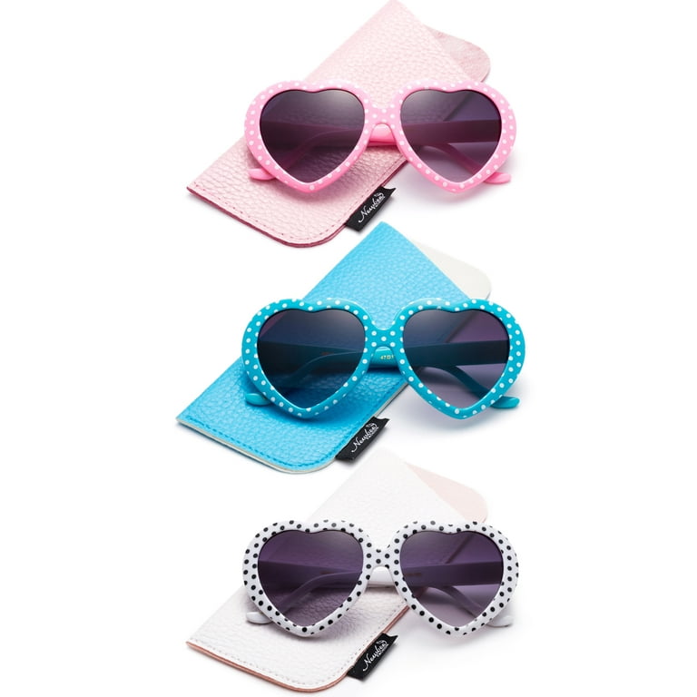 Newbee Fashion Kids Heart Sunglasses Girls Heart Shaped Sunglasses with Polka Dots Cute Vintage Look UV Protection w Carrying Pouch