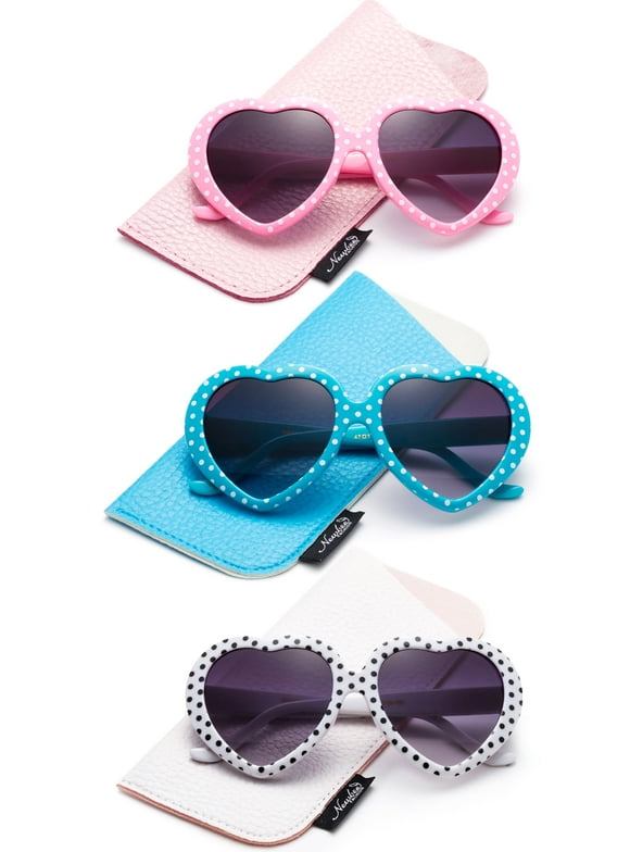 Newbee Fashion-Kids Heart Sunglasses Girls Heart Shaped Sunglasses with Polka Dots Cute Vintage Look UV Protection w/Carrying Pouch