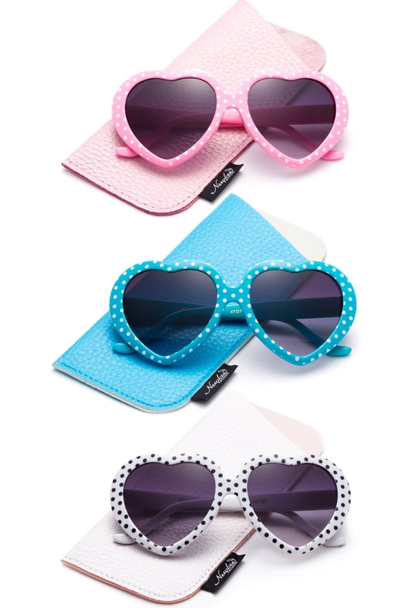 -Kids Heart Sunglasses Girls Heart Shaped Sunglasses with Polka Dots Cute Vintage Look UV Protection w/Carrying Pouch