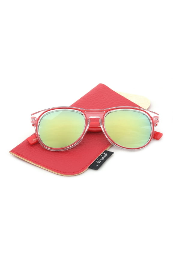 - Kids Fashion Sunglasses for Girls Boys Toddler Vintage Style Two Tone Clear Frame Color Strips & Temple with Flash Lenses Kids Sunglasses UV Protection, Red