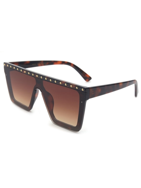 One Piece Flat Lens Oversized Fashion Sunglasses for Women, Rectangle Flat Top Wind Shield Composite Frame,Square Retro Rimless, Pins Decorations, UV 400, Tortoise Frame Smoke Lens