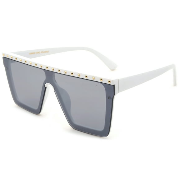 Newbee Fashion One Piece Flat Lens Oversized Fashion Sunglasses for Women, Rectangle Flat Top Wind Shield Composite Frame,Square Retro Rimless Style, Pins Decorations, UV 400, White Frame Smoke Lens