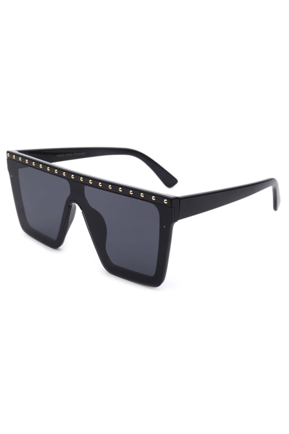 One Piece Flat Lens Oversized Fashion Sunglasses for Women, Rectangle Flat Top Wind Shield Composite Frame,Square Retro Rimless Style, Pins Decorations, UV 400, Black Frame Smoke Lens