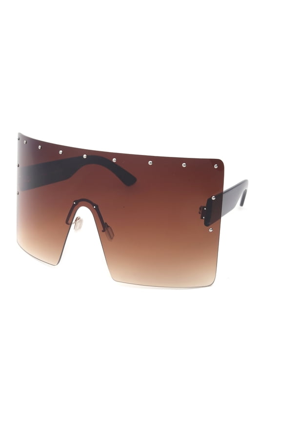 One Piece Lens Oversized Square Rimless Large Fashion Sunglasses for Women, 7*3.25 inches Rectangle Flat Top Face Shield, Pins Decorations, UV 400 Gradient Brown Lens