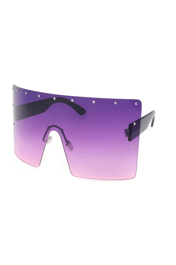 One Piece Lens Oversized Square Rimless Large Fashion Sunglasses for Women, 7*3.25 inches Rectangle Flat Top Face Shield, Pins Decorations, UV 400 Gradient Purple Lens