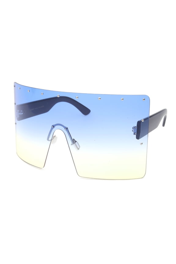 One Piece Lens Oversized Square Rimless Large Fashion Sunglasses for Women, 7*3.25 inches Rectangle Flat Top Face Shield, Pins Decorations, UV 400 Ocean Lens Blue to Yellow,