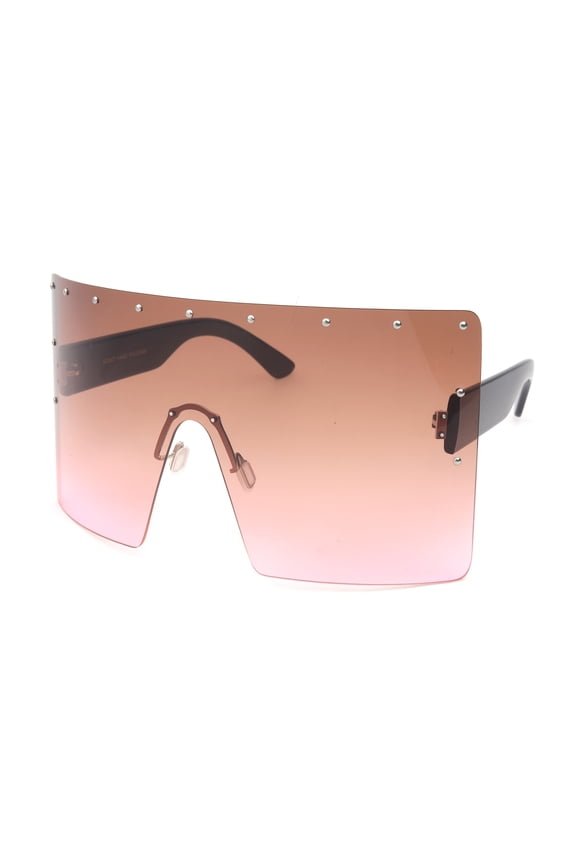 One Piece Lens Oversized Square Rimless Large Fashion Sunglasses for Women, 7*3.25 inches Rectangle Flat Top Face Shield, Pins Decorations, UV 400 Ocean Lens Brown to Pink