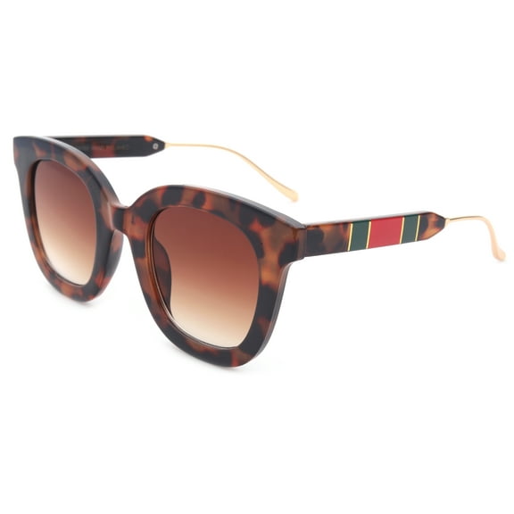 Newbee Fashion Oversized Round Vintage Frame Fashion Sunglasses for Women, Gold Metal Tips, Green and Red Strips Design on Arm, Tortoise Frame Gradient Brown Lens