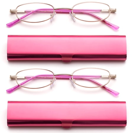 Newbee Fashion-Portable Compact Reading Glasses in Aluminum Case Metal Oval Shaped Reading Glasses with Spring Hinge in Portable Compact Case Lightweight Reader Slim Design Comfort fit