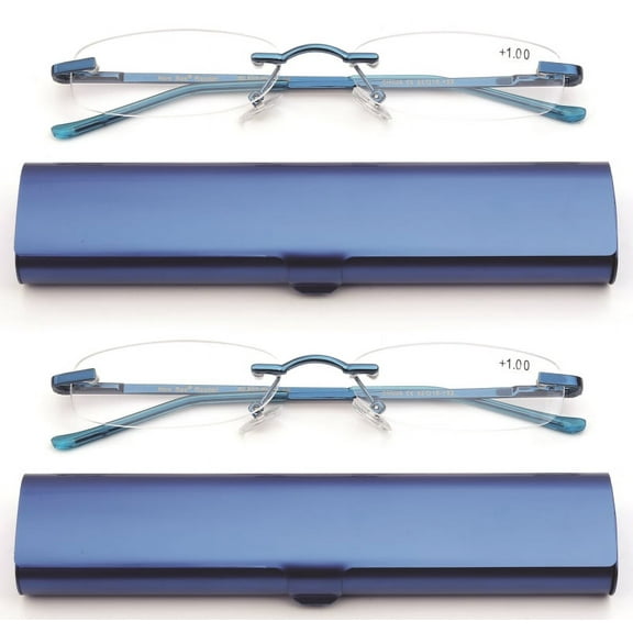 Newbee Fashion-Portable Compact Reading Glasses in Aluminum Case Metal Rectangle Rimless Reading Glasses Super Lightweight Reader Slim Design Comfort Fit 2 Pack Blue 1.00