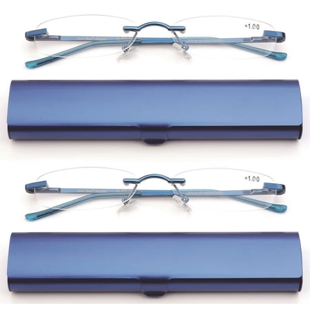 Newbee Fashion-Portable Compact Reading Glasses in Aluminum Case Metal Rectangle Rimless Reading Glasses Super Lightweight Reader Slim Design Comfort Fit 2 Pack Blue 2.25