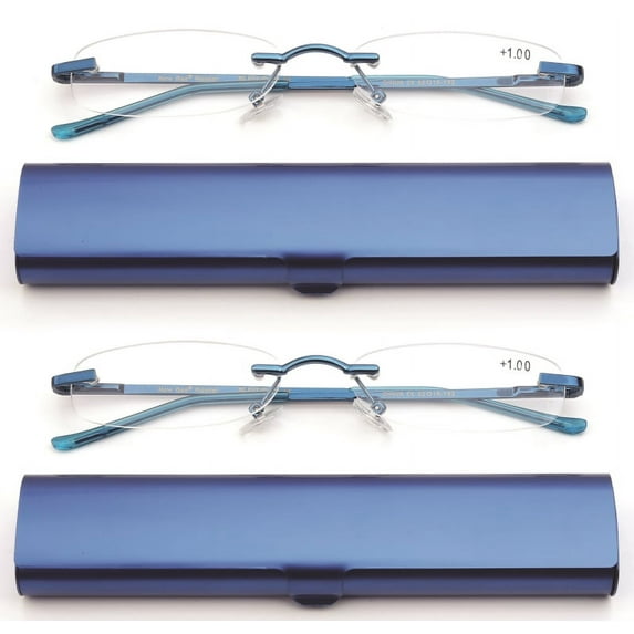 Newbee Fashion-Portable Compact Reading Glasses in Aluminum Case Metal Rectangle Rimless Reading Glasses Super Lightweight Reader Slim Design Comfort Fit 2 Pack Blue 2.00