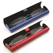 Newbee Fashion-Portable Compact Reading Glasses in Aluminum Case Metal Rectangle Rimless Reading Glasses Super Lightweight Reader Slim Design Comfort Fit 2 Pack Blue & Red 3.50