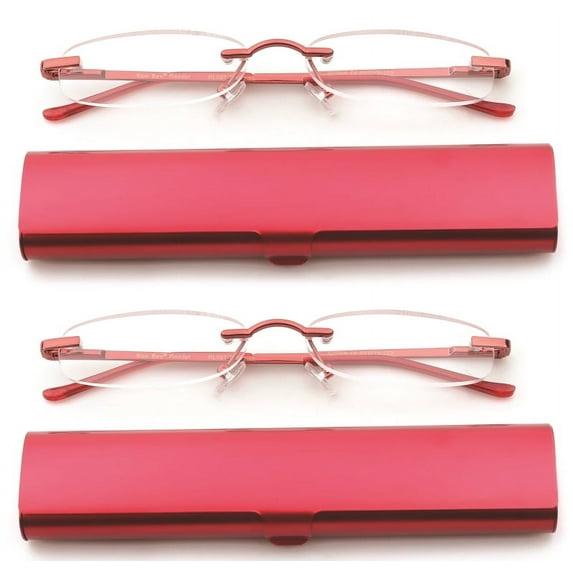 Newbee Fashion-Portable Compact Reading Glasses in Aluminum Case Metal Rectangle Rimless Reading Glasses Super Lightweight Reader Slim Design Comfort Fit 2 Pack Red 1.50