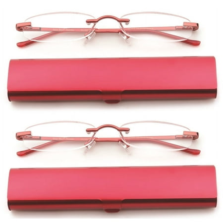 Newbee Fashion-Portable Compact Reading Glasses in Aluminum Case Metal Rectangle Rimless Reading Glasses Super Lightweight Reader Slim Design Comfort Fit 2 Pack Red 2.25