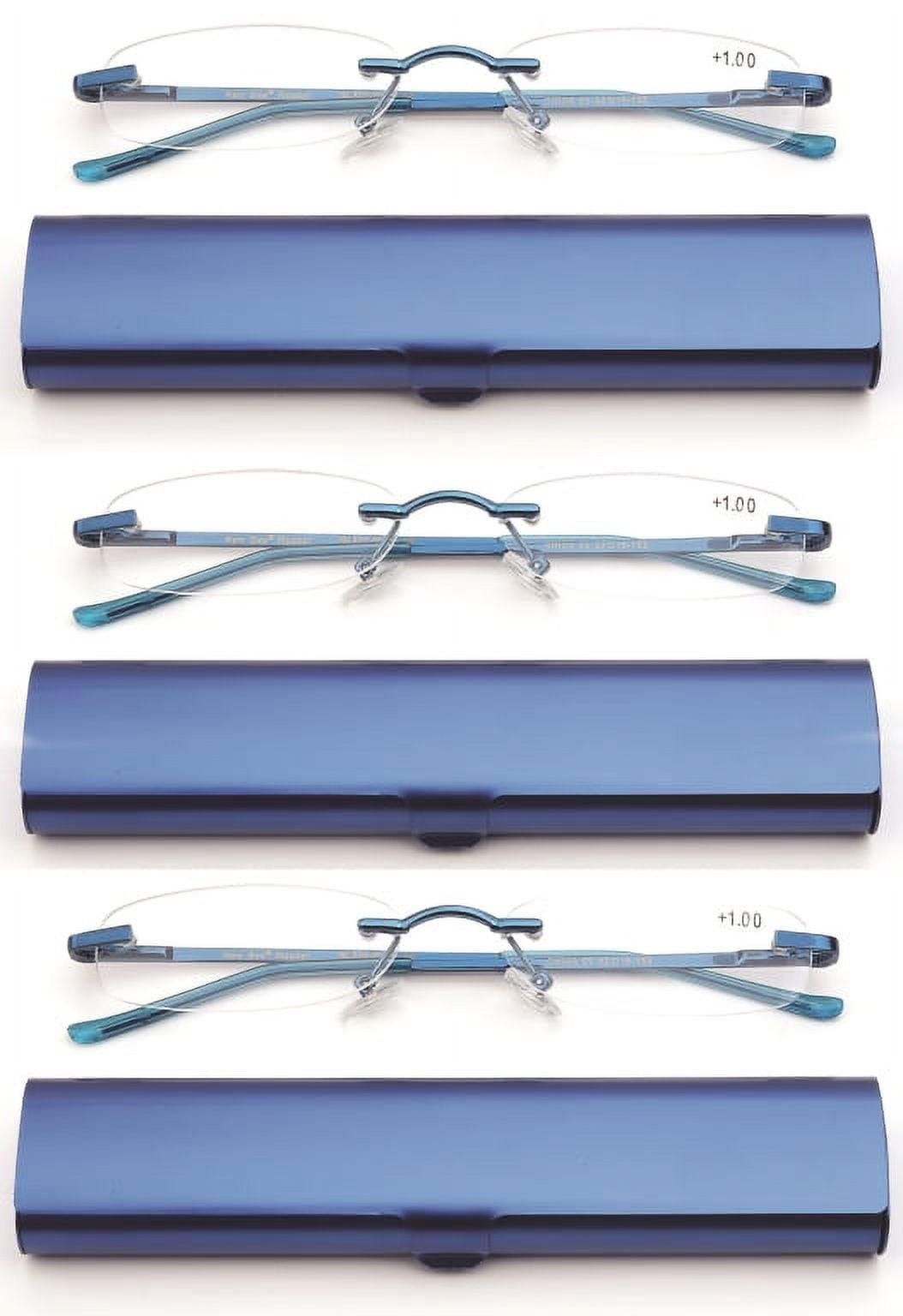 Newbee Fashion-Portable Compact Reading Glasses in Aluminum Case Metal Rectangle Rimless Reading Glasses Super Lightweight Reader Slim Design Comfort Fit 3 Pack Blue 1.25