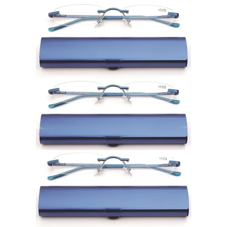 Newbee Fashion-Portable Compact Reading Glasses in Aluminum Case Metal Rectangle Rimless Reading Glasses Super Lightweight Reader Slim Design Comfort Fit 3 Pack Blue 2.25