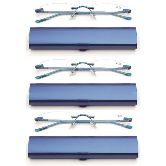 Newbee Fashion-Portable Compact Reading Glasses in Aluminum Case Metal Rectangle Rimless Reading Glasses Super Lightweight Reader Slim Design Comfort Fit 3 Pack Blue 4.00