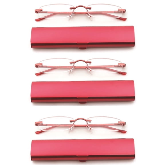 Newbee Fashion-Portable Compact Reading Glasses in Aluminum Case Metal Rectangle Rimless Reading Glasses Super Lightweight Reader Slim Design Comfort Fit 3 Pack Red 1.25