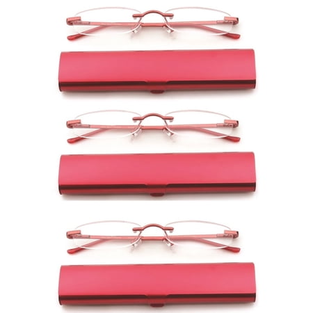 Newbee Fashion-Portable Compact Reading Glasses in Aluminum Case Metal Rectangle Rimless Reading Glasses Super Lightweight Reader Slim Design Comfort Fit 3 Pack Red 3.50
