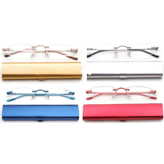 Newbee Fashion-Portable Compact Reading Glasses in Aluminum Case Metal Rectangle Rimless Reading Glasses Super Lightweight Reader Slim Design Comfort Fit 4 Pack Gold/Silver/Blue/Red 2.00
