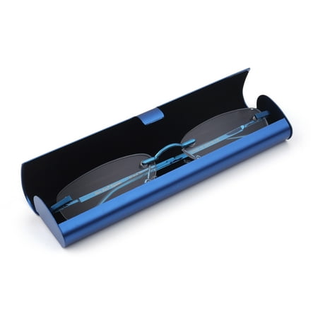 Newbee Fashion-Portable Compact Reading Glasses in Aluminum Case Metal Rectangle Rimless Reading Glasses Super Lightweight Reader Slim Design Comfort Fit Blue 2.75