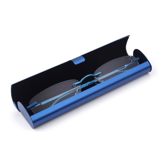Newbee Fashion-Portable Compact Reading Glasses in Aluminum Case Metal Rectangle Rimless Reading Glasses Super Lightweight Reader Slim Design Comfort Fit Blue 4.00